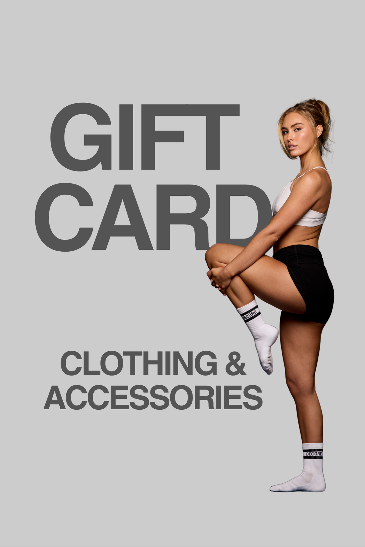 Promotional image for clothing and accessories gift card with a model posing.